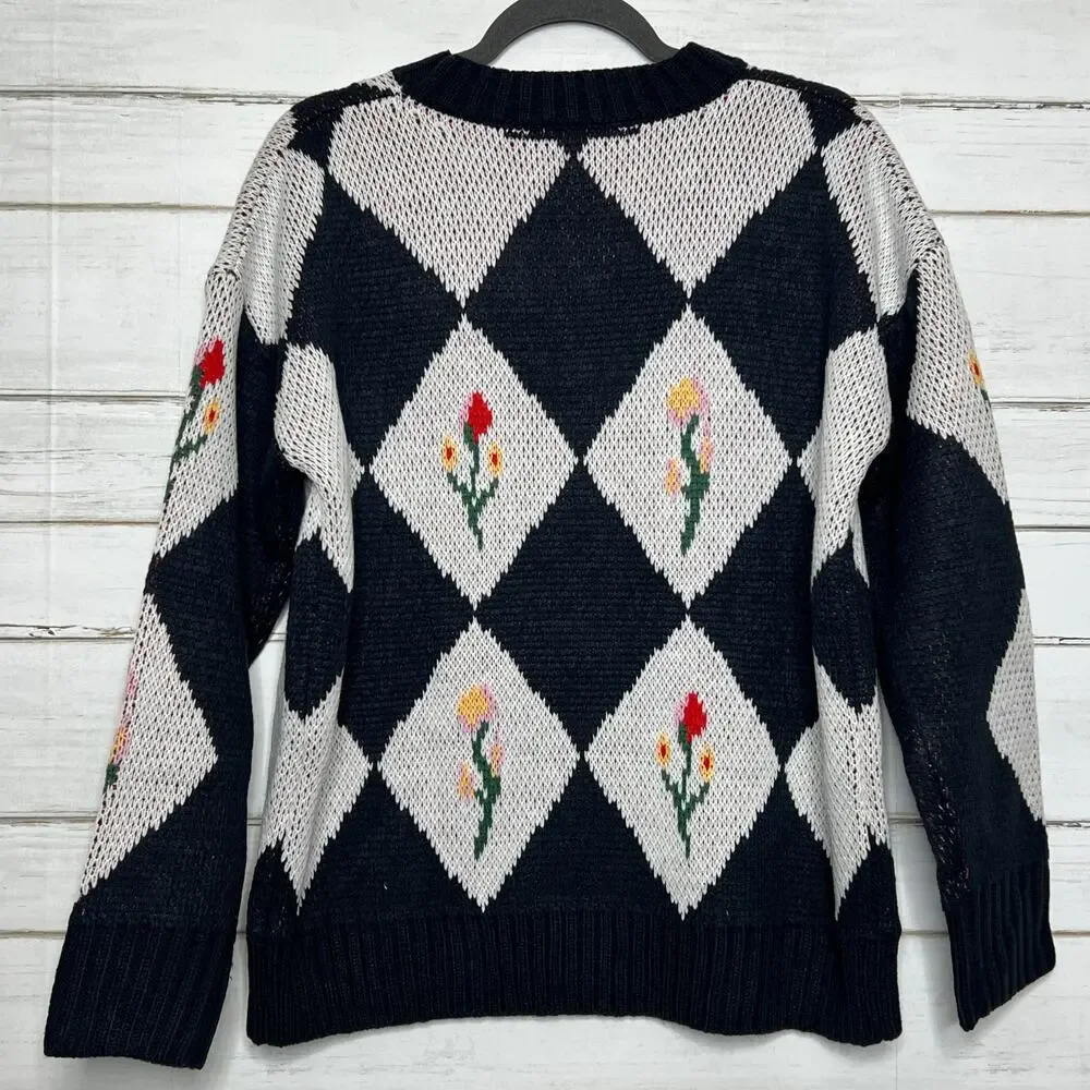 Klesis Argyle Floral Knit Sweater Navy White Diamond Pattern Pullover Small